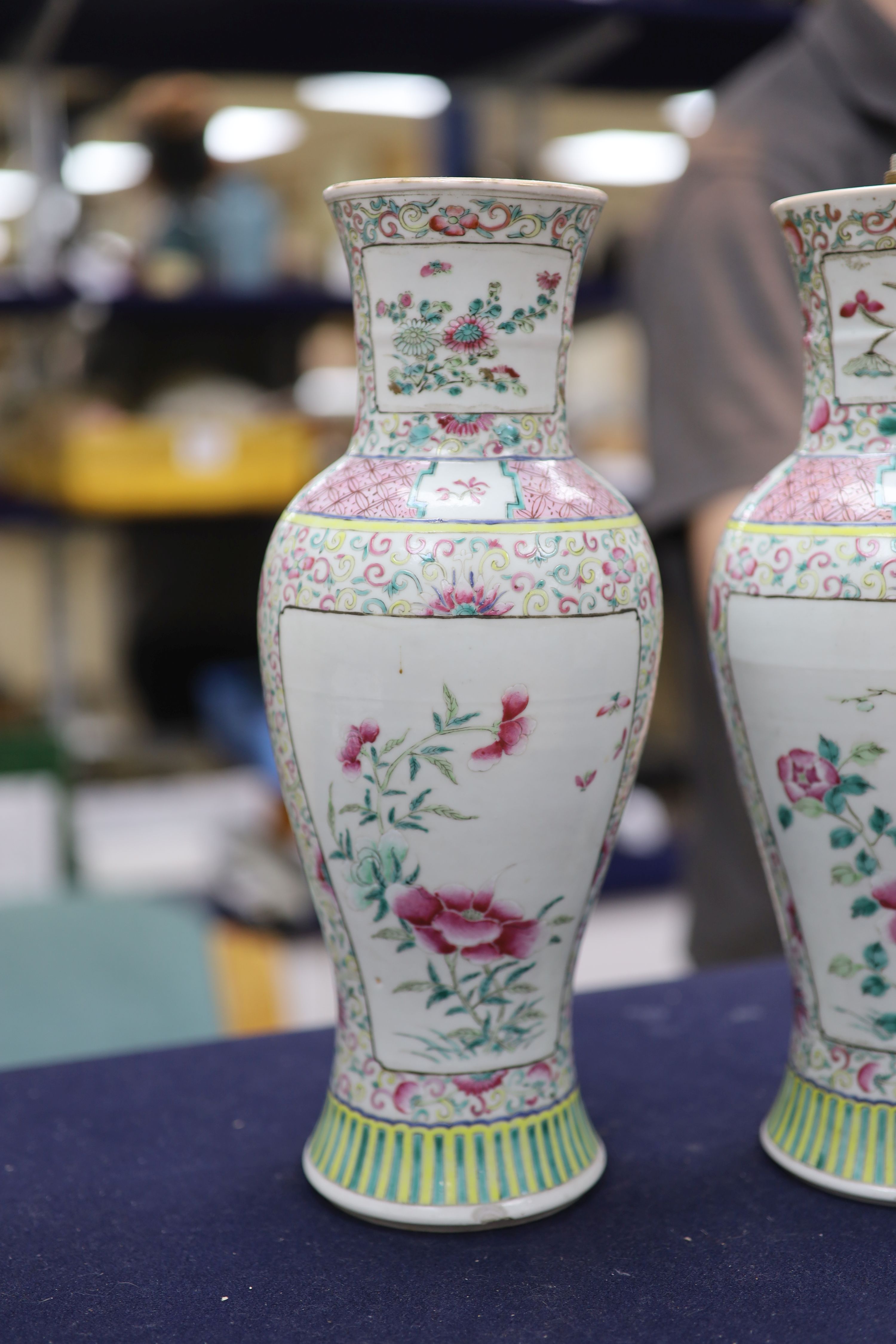 A pair of 19th century Chinese famille rose vases- ex lamp bases, height 31.5cm